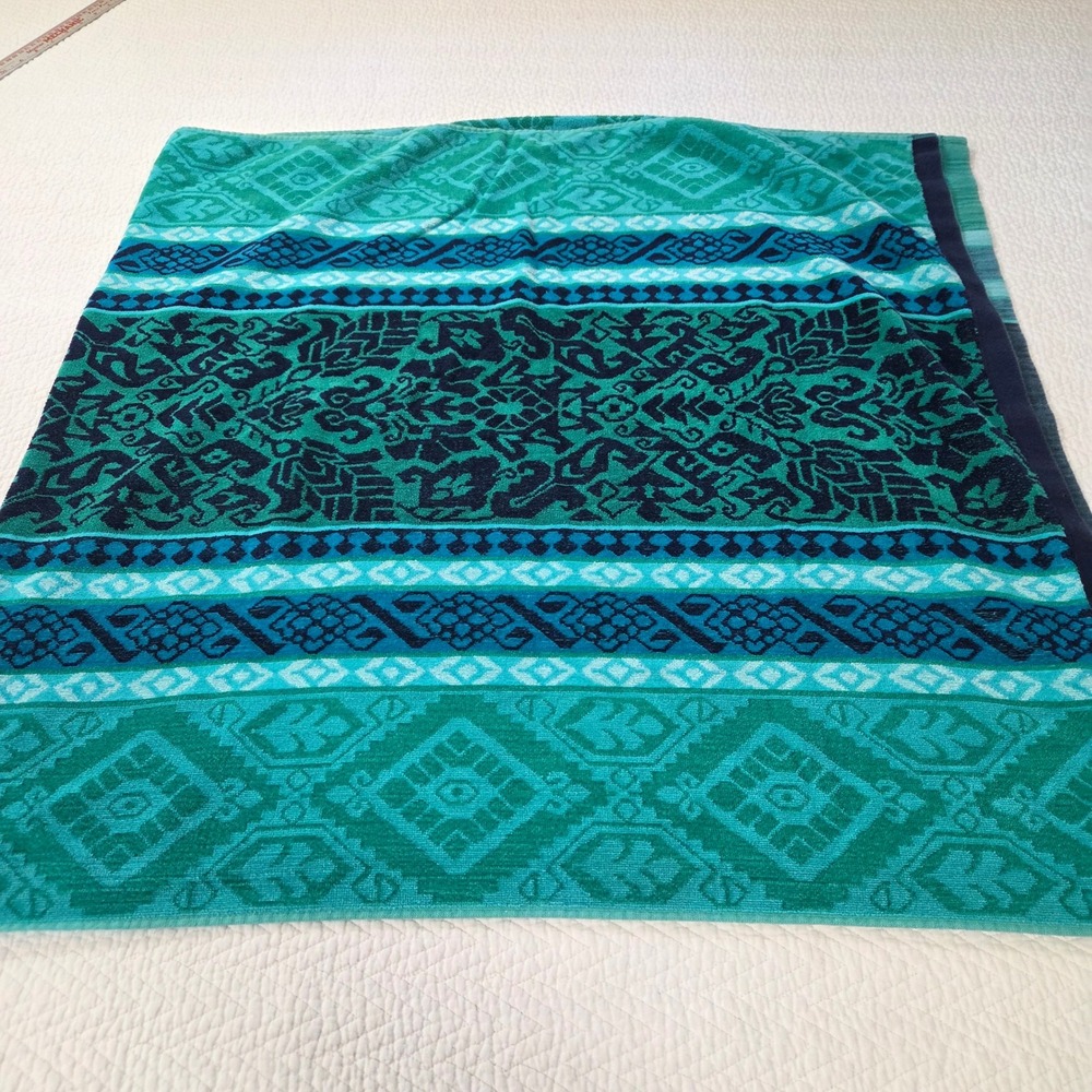 Teal Green Geometric Tribal Cotton Beach Towel 33x64 Large Boho Navy